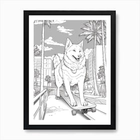 Alaskan Malamute Dog Skateboarding Line Art 4 Art Print