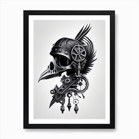 Skull With Bird Motifs 1 Black And White Stream Punk Art Print