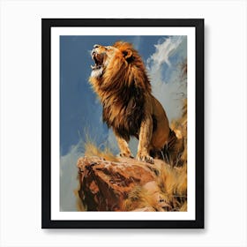 Barbary Lion Roaring On A Cliff Acrylic Painting 2 Art Print