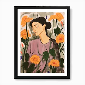 Woman With Autumnal Flowers Canterbury Bells 2 Art Print