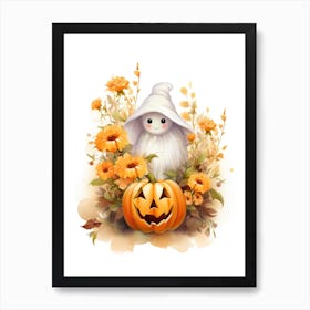 Cute Ghost With Pumpkins Halloween Watercolour 95 Art Print