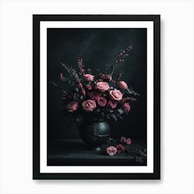 Pink Roses In A Vase On A Black Background Art Print