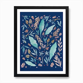 Navy Watercolour Florals And Leaves Art Print