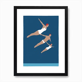 Art Deco style diving women threesome in navy Art Print