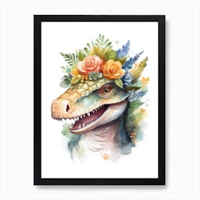 Spinosaurus With A Crown Of Flowers Cute Dinosaur Watercolour 2 Art Print