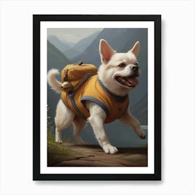 Dog With Backpack Mountain Scape Art Print