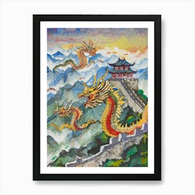 Mythical Chinese Dragons Flying Over The Great Wall Of China Art Print