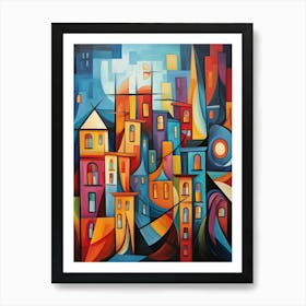 Old Town at Night, Vibrant Colorful Abstract Painting in Cubism Style Art Print