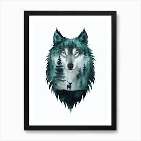 Intricate Wolf Artwork With Serene Watercolor Landscape 3 Art Print