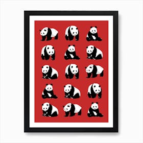 Panda Bears Pattern on Red Art Print