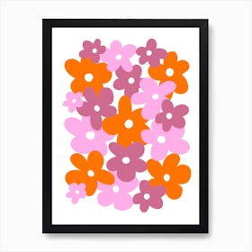 Retro 70’s Pink and Orange Flowers On A White Background Art Print