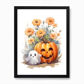 Cute Ghost With Pumpkins Halloween Watercolour 111 Art Print