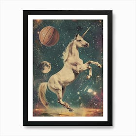 Unicorn In Space Playing Basketball Retro 1 Art Print