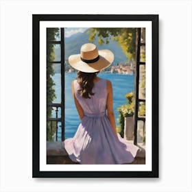 Lady at Lake Como ~ Painting of Woman in Italy in Beautiful Dress and Straw Hat Art Print