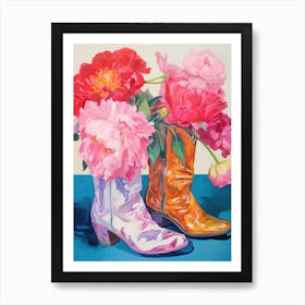 Oil Painting Of Hydrangea Flowers And Cowboy Boots, Oil Style 1 Art Print