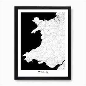 Wales White Black Map Art Print