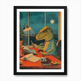 Dinosaur At A Desk Retro Collage Art Print