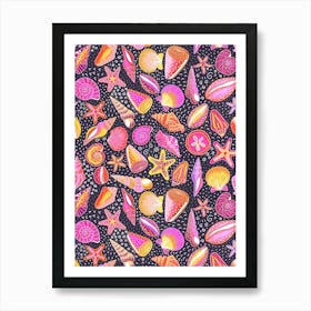 Scattered Seashells and Doodles Pink, Orange, and Yellow on Black Art Print