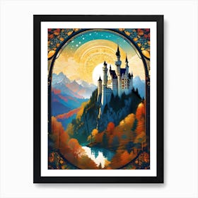 Neuschwanstein Castle, Schwangau, Germany - Fairytale Castle Germany Futuristic Abstract Fantasy Psychedelic Trippy Mandala Artwork Yoga Fractals Cool Wall Decor Meditation Room Gift For Him European Cityscapes  Art Print