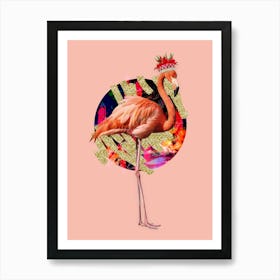 Royal Flamingo Wearing Floral Crown In Pink And Gold Art Print