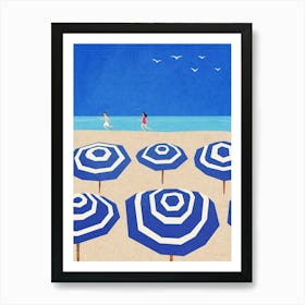 Parasols on the Beach | Beach Travel Illustration| Sea Ocean Summer Parasols | Children Playing on Vacation Art Print