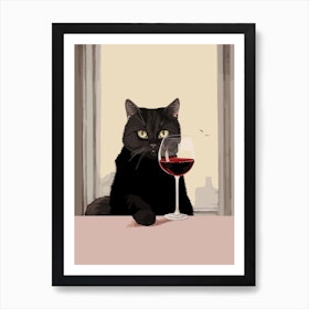 Wine For One Cat Drinking Wine 1 Kitchen Kitchen Dining Room Art Print