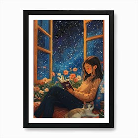 Girl Reading Book with Her Cat 5 Art Print