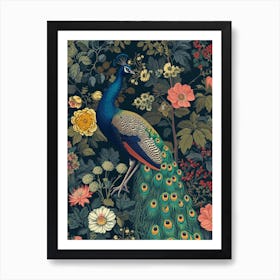 Navy Blue Vintage Floral Peacock 2 Art Print