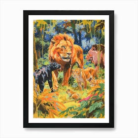 Asiatic Lion Interaction With Other Wildlife Fauvist Painting 1 Art Print