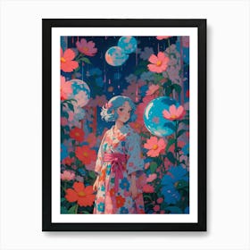 Anime Floral Kimono Girl Art Print