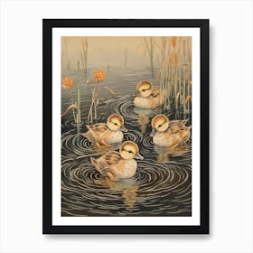 Ducklings Swimming In The Water Japanese Woodblock Style 3 Art Print