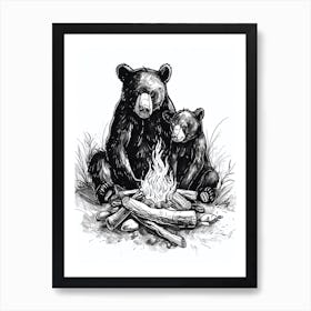 Malayan Sun Bear Sitting Together By A Campfire Ink Illustration 4 Art Print