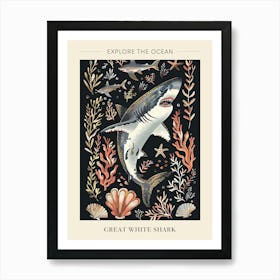 Great White Shark Black Background Illustration 1 Poster Art Print