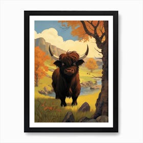 Animated Black Bull In Autumnal Highland Setting 2 Art Print