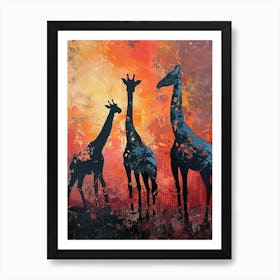 Giraffe Herd In The Red Sunset 3 Art Print
