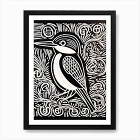 B&W Bird Linocut Kingfisher 1 Art Print