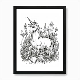Unicorn In The Garden With A Watering Can Black & White Doodle 1 Art Print