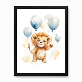 Baby Lion Flying With Ballons, Watercolour Nursery Art 2 Art Print