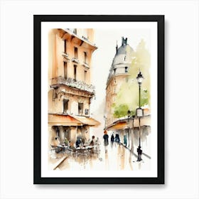 Paris city, passersby, cafes, apricot atmosphere, watercolors.1 Art Print