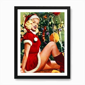 Pin Up Blond In Santa Claus Suit And A Christmas Tree Art Print