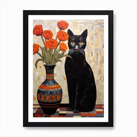 Black Cat With Orange Flowers 1 Art Print