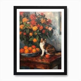 Flower Vase Dahlia With A Cat 3 Impressionism, Cezanne Style Art Print