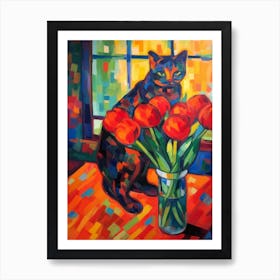 Tulips With A Cat 2 Fauvist Style Painting Art Print