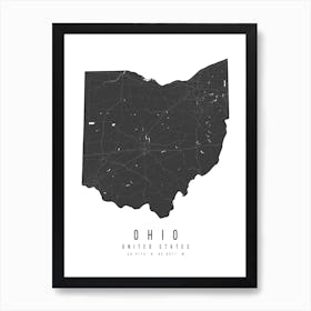 Ohio Mono Black And White Modern Minimal Street Map Art Print