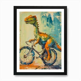 Orange Blue Dinosaur Riding A Bike 2 Art Print