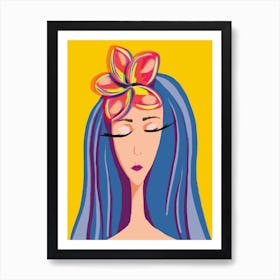 Girl With Flower Headband and Blue Hair Art Print