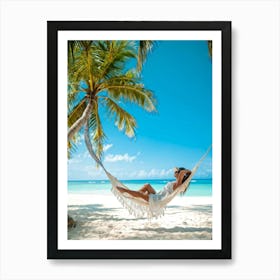 Content Woman Sprawls On A Pristine Tropical Beach Soft White Sands Adorned With Delicate Seashells (4) Art Print