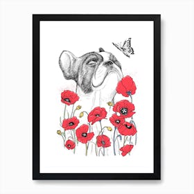 Pug With Poppies Art Print
