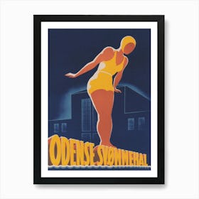 Odense Denmark Swimming Pool, Swimmer, Vintage Travel Poster Art Print