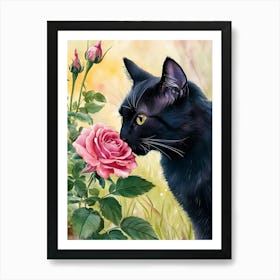 Black Cat With Roses Art Print